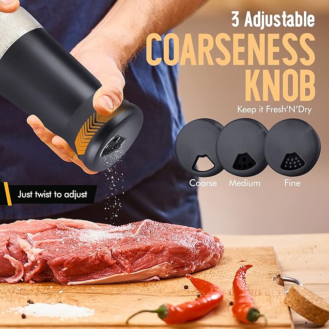 The Original Salt and Pepper Shakers set - Black -Spice Dispenser with Adjustable Pour Holes - Stainless Steel & Glass - Set of 2 Bottles