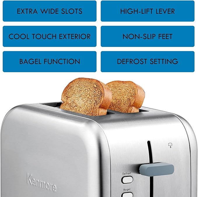 Kenmore toaster 2 slice - extra wide slot countertop kitchen appliance, defrost function, grille-pain, 9 shade settings, compact design, easy clean crumb tray, bread bagel, stainless steel