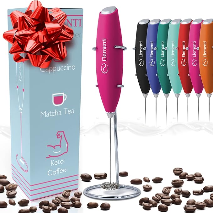Elementi Electric Milk Frother with Stand - Drink Mixer Handheld Stirrer - Coffee Whisk - Pink Coffee Maker - Espumador de Leche - Hand Frother with Stand (Hot Pink)