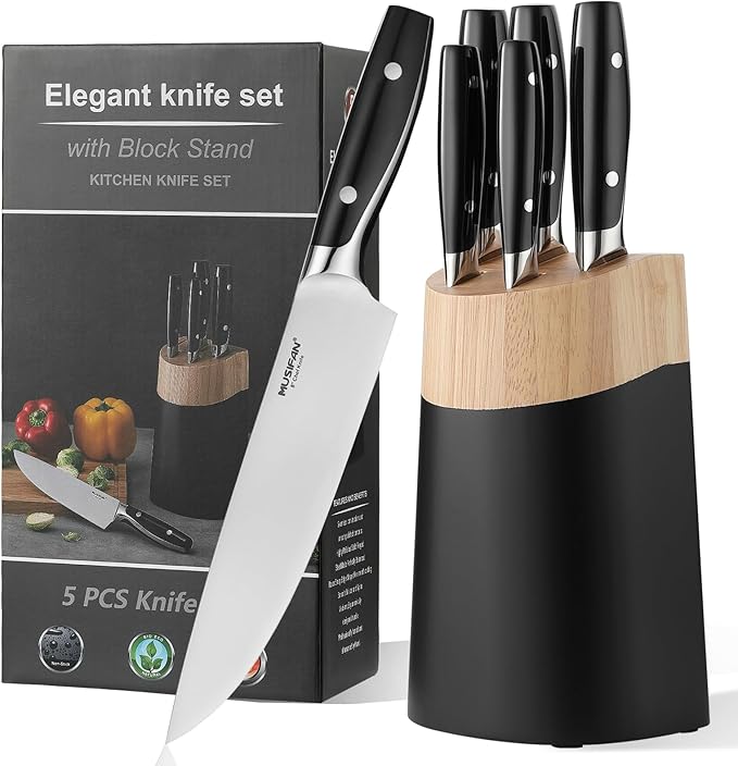 6-Piece Knife Block Sets,Stainless Steel Kitchen Knife Set with Block – High Carbon Black Knives, Dishwasher Safe,Holiday Gift