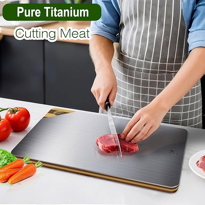 Titanium Cutting Board for Kitchen, Double Sided Cutting Board, Pure Titanium and Natural Bamboo, with Deep Juice Grooves, Large Size 15.6”×11”