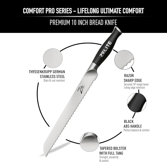 Zelite Infinity 10 Inch Serrated Bread Knife for Homemade Bread — Razor Sharp German High Carbon Stainless Steel Bread Cutting Knife for Sourdough Bread; Ergonomic Handle - Luxurious Gift Box