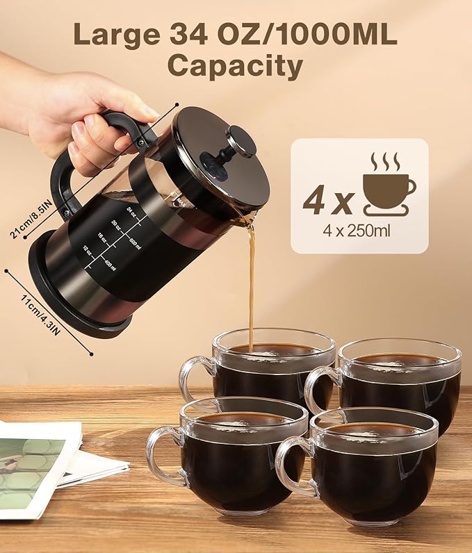 French Press Coffee Maker -34oz Classic Coffee Press Heat-resistant Borosilicate Glass Coffee Pot with 4-Level Disassemble Filters, Portable Cold Brew Coffee Maker for Travel Home(Dark Pewter)
