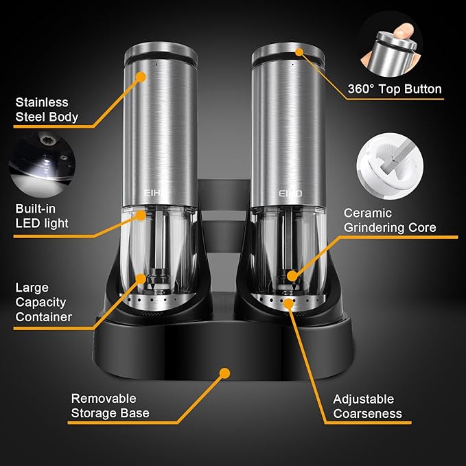 EIHO Electric Salt and Pepper Grinder Set USB Rechargeable, Upgraded External Adjustable Coarseness, Stainless Steel Automatic Salt and Pepper Shakers Mills with LED Light, House Warming Cooking Gifts