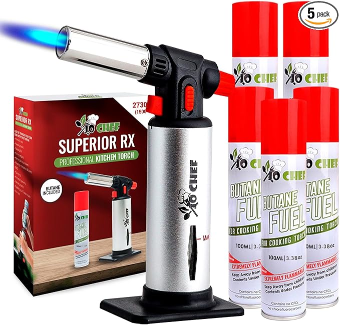 Jo Chef Kitchen Torch with Butane Included – Refillable Lighter with Safety Lock & Adjustable Flame, Blow Culinary Torch for Cooking, BBQ, Creme Brulee, DIY and Soldering - 5 Cans (3.38oz) Included
