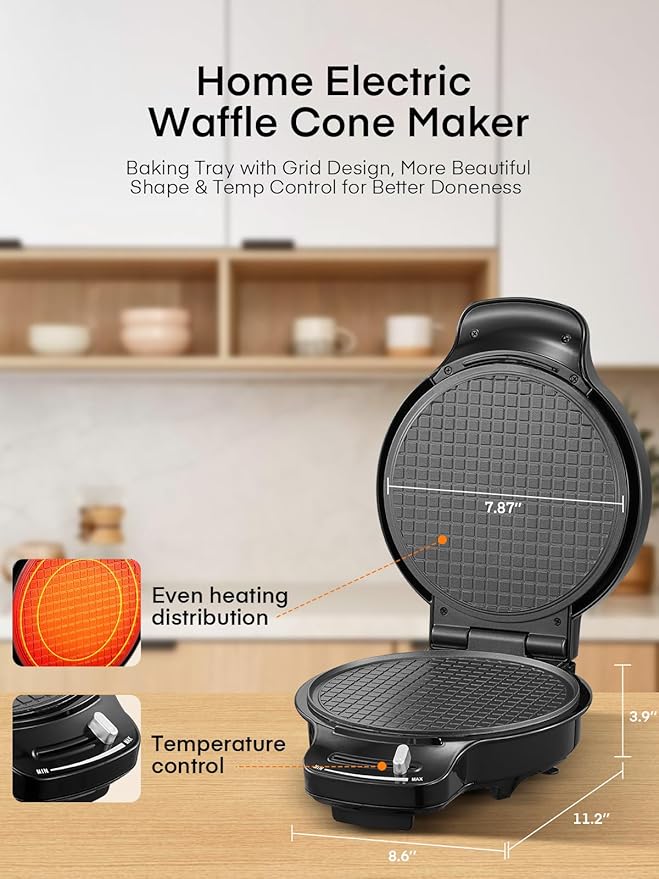 FOHERE Waffle Cone Maker Machine and Ice Cream Bowl Maker with Browning Control, Double Side Nonstick Waffle Bowl Maker with Cone Roller, 7.5” Thin Waffle Maker for Home Kitchen