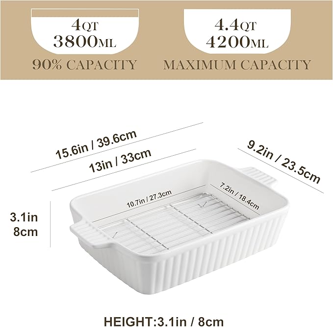 MALACASA 4.4 QT Baking Dish with Rack, 9x13 Large Casserole Dish for Oven, Ceramic Baking Pan with Rack, Rectangular Lasagna Pan Deep with Handles for Baking, Durable Microwave Oven Safe, White