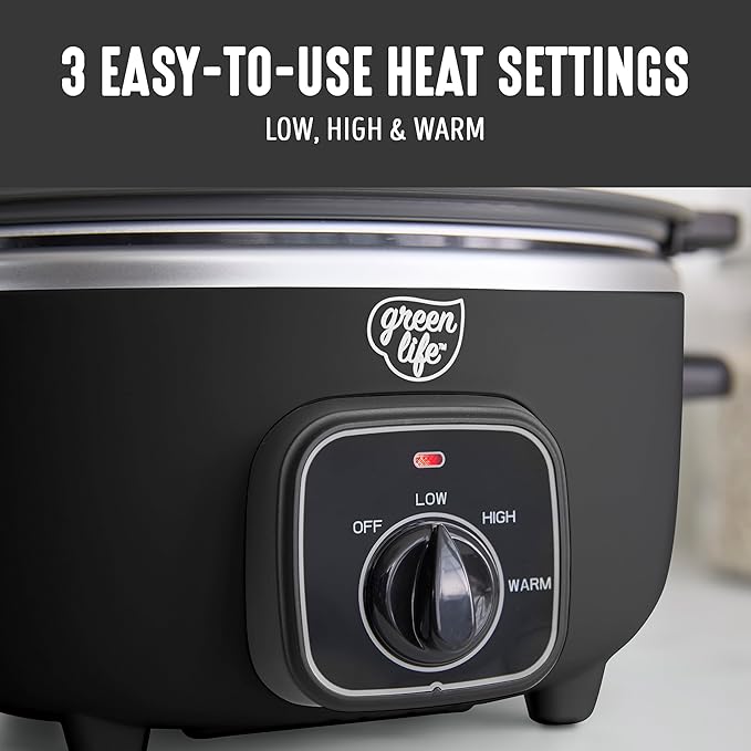GreenLife 3.5QT Slow Cooker, Non-Toxic PFAS-Free Ceramic Nonstick Removable Interior Bowl, Programmable, Keep Warm, Stovetop & Oven Safe, Dishwasher Safe Parts, Glass Lid, Black