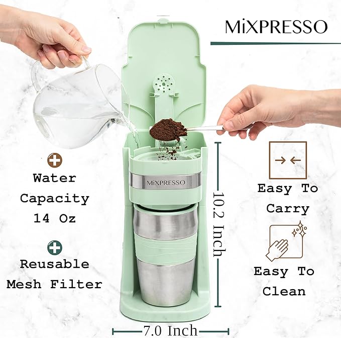 Mixpresso Green Personal Single Serve Coffee Maker with 14oz Travel Mug, Drip Small Coffee Maker with Auto Shut Off, Reusable Filter, Works with Ground Coffee Only – Not for K-Cup Pods