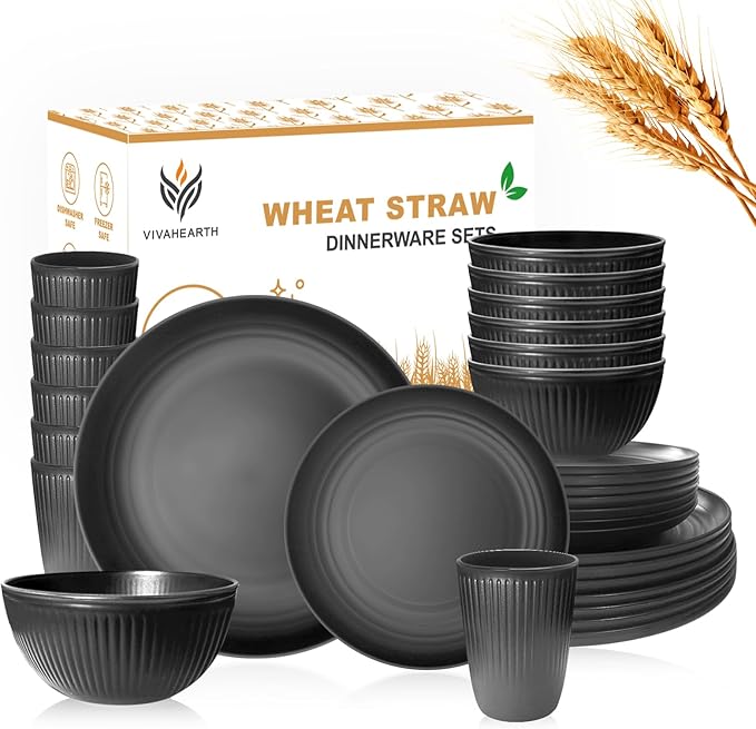 Wheat Straw Dishes Set for 8, Dinnerware Sets 32 piece, Unbreakable Plates, Bowls, Cups Sets for Kitchen Parties Camping RV - Grey