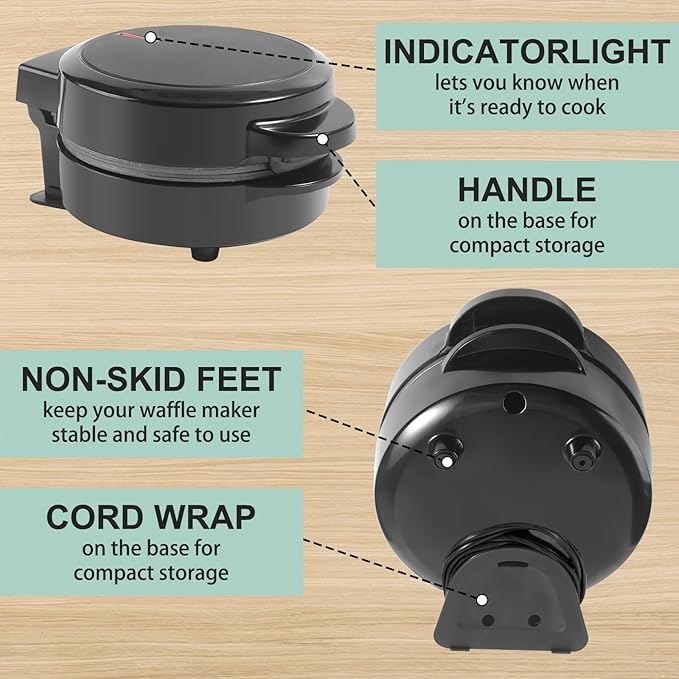 Mini Waffles Maker, Small Waffle Irons Non-stick, Breakfast Belgian Waffles, Mini Waffle Iron Make Waffle in Minutes, Portable Pancake Maker Machine for Kid, Easy to Clean, 5 Inches Wide, Black