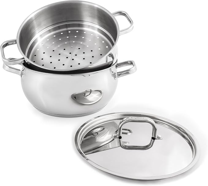 BergHOFF Belly Shape 18/10 Stainless Steel 9.5 inches Stockpot 5.5qt., Metal Lids, Fast, Evenly Heat, Induction Cooktop Ready