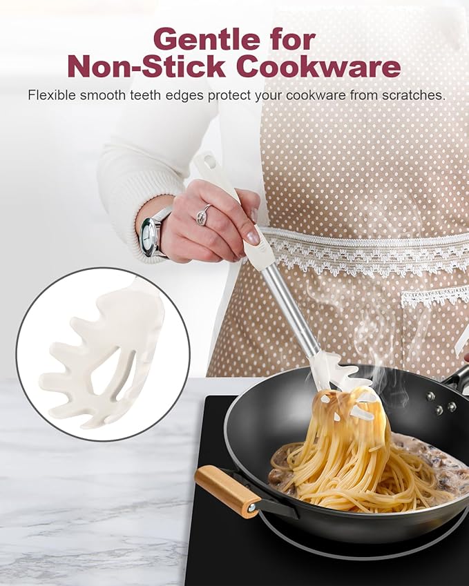 Silicone Spaghetti Spoon and Pasta Tong, Heat-Resistant Noodle Spoon Server, 13“ BPA-Free Spaghetti Strainer, Fork with Teeth and Stainless Steel Handle, Food-Grade Clip for Pasta, Beige