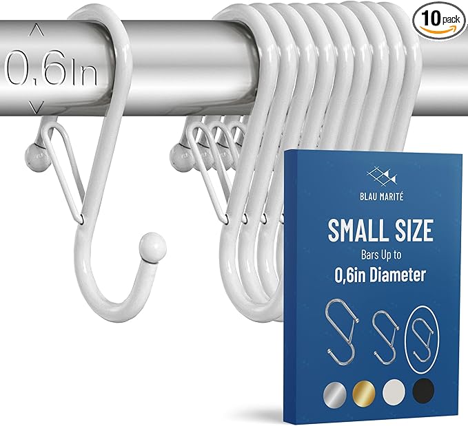 10-Pack Metal S Hooks for Hanging – Heavy-Duty S-Shaped Hooks with Safety Buckle – Fits Bars up to 0.6 in – Anti-Drop Hooks for Kitchen, Pot Racks & Towel Bars – White (Small)
