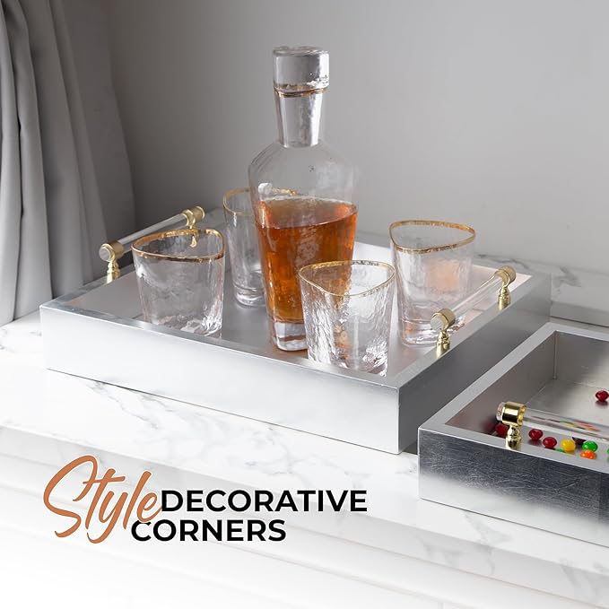 Rectangle Serving Tray with Handles - for Coffee Table, Breakfast, Dinner Kitchen Living Room Bedroom, Home Decor for All Occasions, Silver, Size M