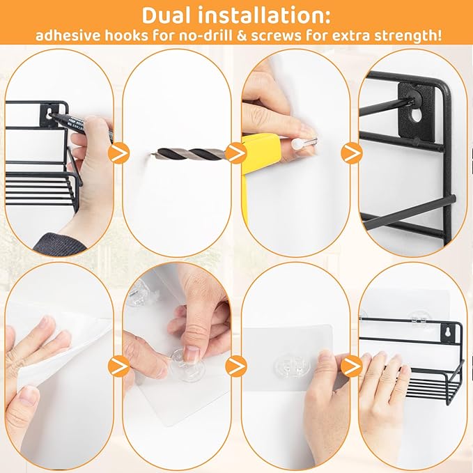 6 Pack Wall Mount Spice Rack Organizer, for Kitchen Pantry Door Storage and Organization, Heavy-Duty Metal Kitchen Spice Rack, Flexible Wall Iron Shelves with Adhesive Hook, Black