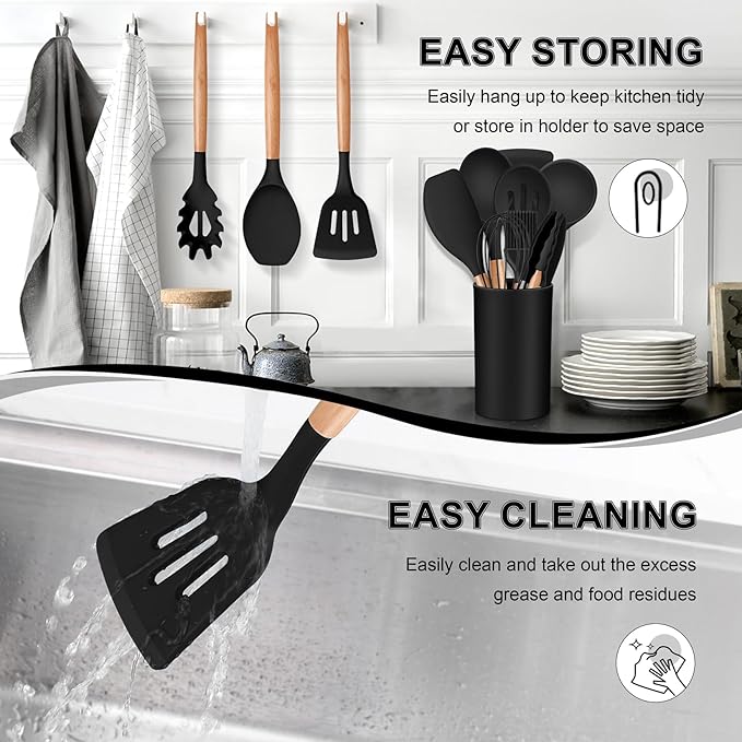 P&P CHEF Silicone Cooking Utensils Set, 12PCS Kitchen Utensils Set with Wooden Handle for Nonstick Cookware, Ladle, Spoon, Spatula, Tong, Heat-resistant & Non-scratch, Non Smell & Healthy, Black