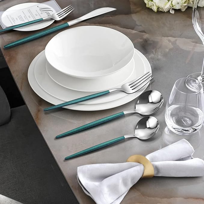 Mirror Silver Green Silverware Set, 20-Piece Stainless Steel Flatware Set, Satin Finish tableware Cutlery Set, Service for 4, Home and Restaurant, Dishwasher Safe