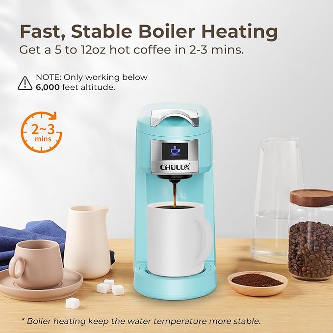 CHULUX Classic Single Serve Coffee Maker for K Cup, One Button Easy Coffee Machine for Office, RV, Travel and Dorm, Cyan