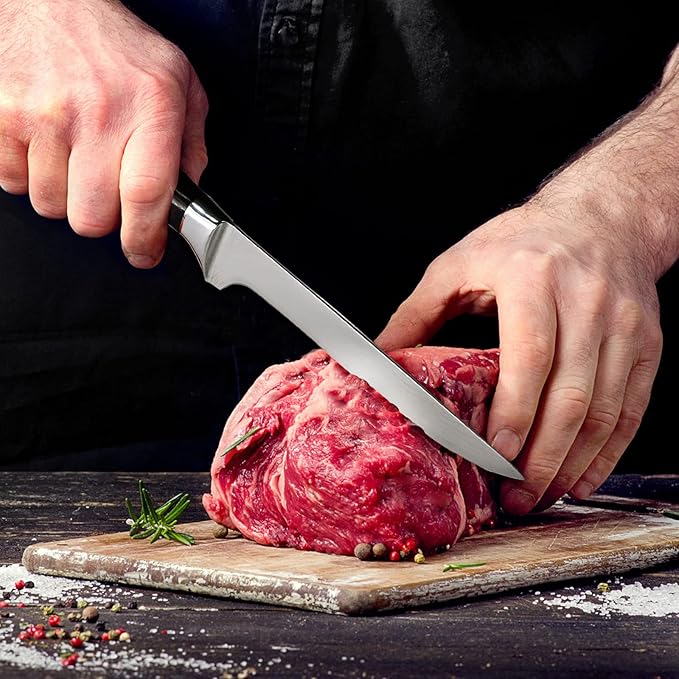 Premium Boning Knife with Sheath & Pocket Sharpener 6 Inch High Carbon Stainless Steel Japanese Fillet Professional Trimming Knife for Meat, Fish, Deboning