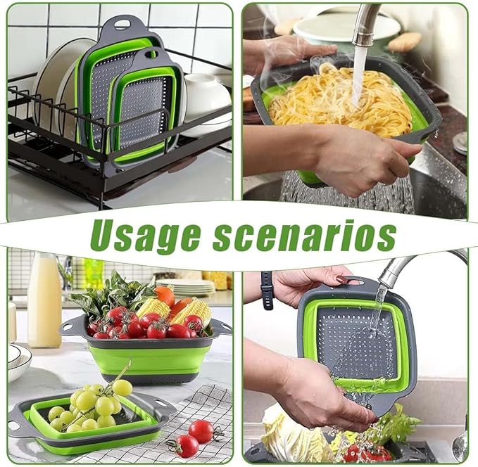 Collapsible Colander Set of 3 Square Silicone Kitchen Strainer Set 1 pcs 9.6 Quart, 1 pcs 6 Quart,1 pcs 4 Quart Perfect for Draining Pasta, Vegetable and fruit for Kitchen and Travel Use