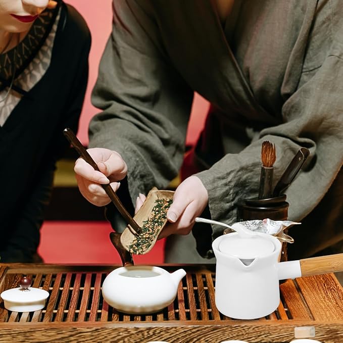 PATKAW Enamel Milk Pan Small Saucepan Enamelware Butter Warmer Mini Cooking Pot with Wooden Handle Lid for Heating Melting Boiling 350ml White
