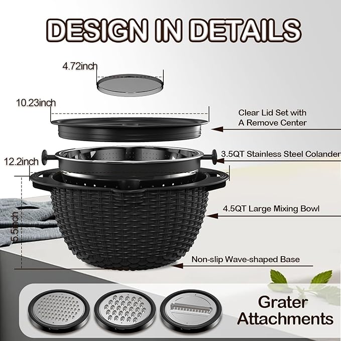 Colanders, 4-1 Colander with Mixing Bowls Set, Strainers for Kitchen, Food Strainers with Grater, Kitchen Gadgets Strainer Basket for Draining Pasta, Vegetable, Fruit & Veggie Washerl,Black