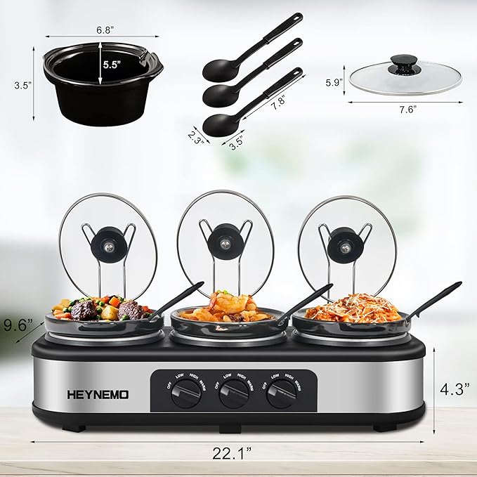 Triple Slow Cooker, 3×1.5 QT Buffet Servers and Warmers, 3 Pots Buffet Slow Cooker Adjustable Temp Lid Rests Stainless Steel Manual Silver for Parties Holidays Families