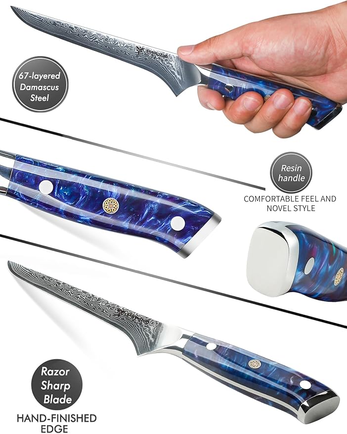 7 inch Fillet Knife, VG10 Damascus Steel Fish Boning Knife with Resin Handle - Xuan Series (Sapphire Blue)
