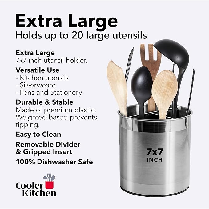 Cooler Kitchen Rotating Extra Large Stainless Steel Utensil Holder Caddy with Sturdy No-Tip Weighted Base, Removable Divider, and Gripped Insert Bottom -Dishwasher Safe Metal Cooking Utensil Holder…
