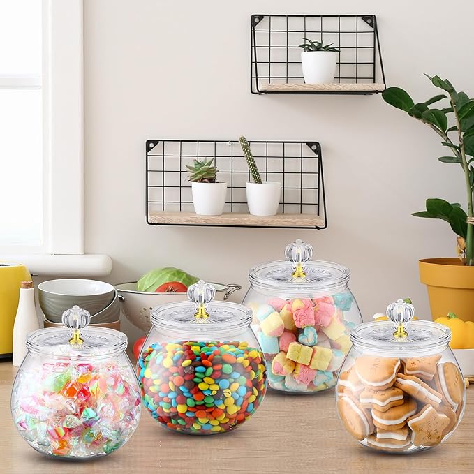 Nuogo 4 Pcs Plastic Candy and Cookie Jars with Lids Clear Cookie Container Candy Jars Large Airtight Apothecary Storage Organization for Wedding Home Kitchen Bar(30 oz)