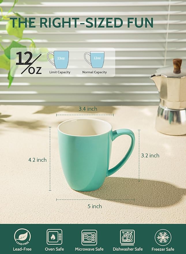 Sweese Porcelain Coffee Mugs - 12 Ounce - Set of 6, Cups for Latte, Hot Tea, Cappuccino, Mocha, Cocoa, Multicolor, Blue Assorted Colors