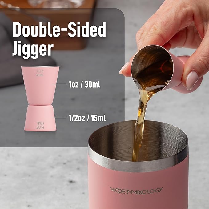 Mixology & Craft Matte Pink Bartender Kit – Cocktail Shaker and Jigger Set, 24oz Drink Mixer with Cap – Home Bar Tools for Mixing Cocktails, Martini, Margarita – Sleek Gift for Men & Women