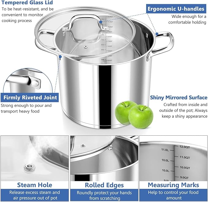 P&P CHEF 12 Quarts Cooking Stock Pot with Lid, Stainless Steel Stockpot Induction Pot for Soup, Tri-Ply Bottom & Clear Glass Lid & Double Handle, Dishwasher Safe