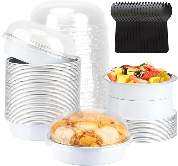 LNYZQUS 4” Small Cake Tins with Lids 50 Pack, Foil Mini Cake Pans,8oz Disposable Ramekins Creme Brulee Baking Cups Individual Mini Pie Contaniers Holders for Wedding Party-White