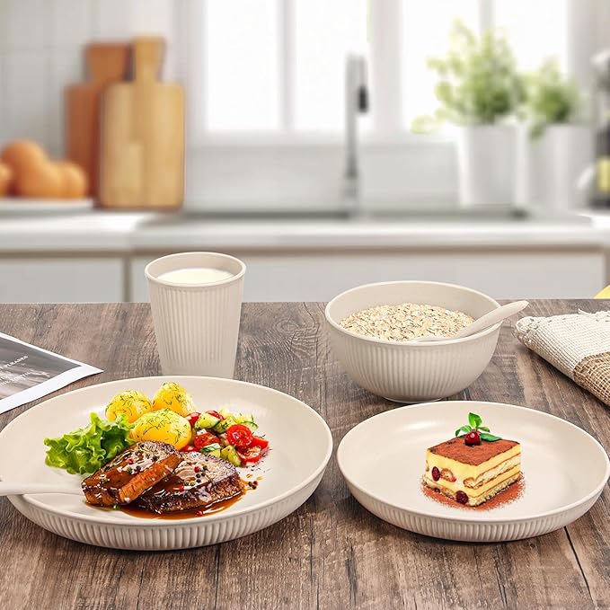 OAMCEG Wheat Straw Dinnerware Sets 42pcs, Plates and Bowls Sets for 6, Plastic Wheatstraw Dinnerware Set for Kitchen & Camping, Plates and Bowls Dish Set, Colorful