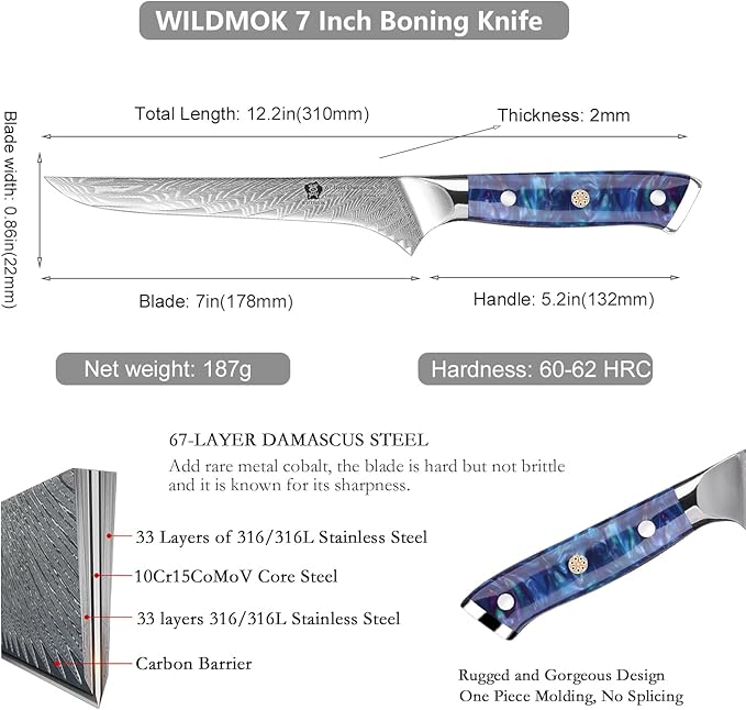 WILDMOK Damascus Boning Knife, 7 inch Super Sharp Fillet Knife, Japanese Damascus Steel, Full Tang Resin Handle, Includes Gift Box