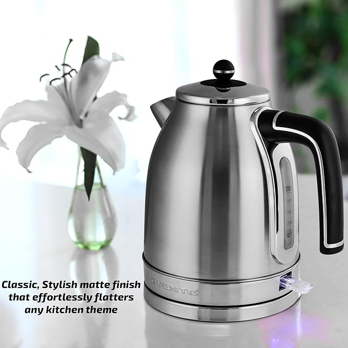 OVENTE 1.7L Electric Kettle, 1500W Fast Boiling Water Heater for Coffee or Tea with Stainless Steel BPA-Free and Cordless Body, Auto Shut-Off, Boil-Dry Protection and Removable Filter, Silver KS777S