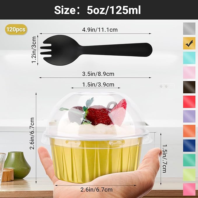 EUSOAR Gold Cupcake Liners with Individually Wrapped Sporks, 120pcs 5oz Disposable Foil Creme Brulee Ramekins with Lids, Foil Baking Cups with Lids for Party Bulk Wedding Birthday Picnic Gathering