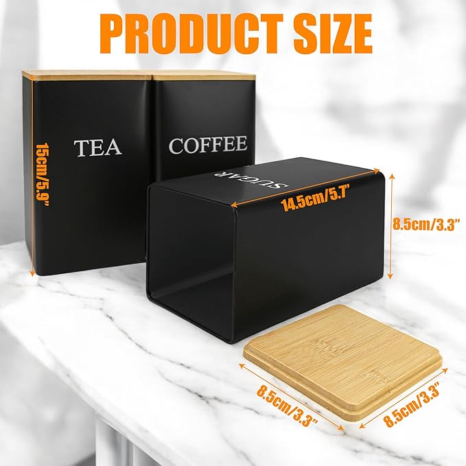 Set of 3 Coffee, Tea, and Sugar Canister Black Iron – Kitchen Storage Jars with Bamboo Lid and Name Marker – Simple Flour Container (6x3 Inch, 33 OZ)