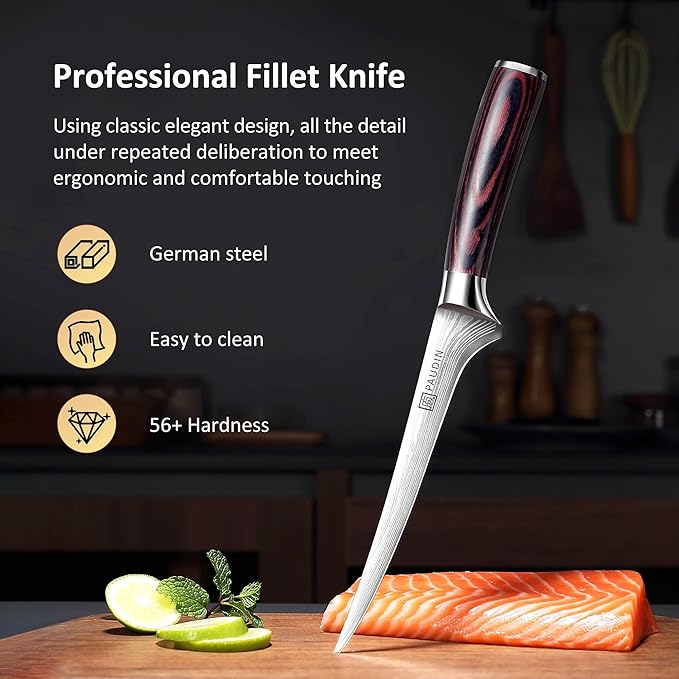 PAUDIN Fillet Knife 7 Inch, Professional Filet Knife for Fish with Sheath, Razor Sharp Boning Knives for Meat Cutting with Ergonomic Pakkawood Handle, Gift Box