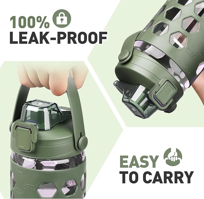 MUKOKO 32 oz Glass Tumbler with Straw,Glass Water Bottles with Time Marker,Iced Coffee Cup with 2 Lids-Handle Spout Lid&Straw Lid,Silicone Sleeve,Leakproof,1 Pack-Olive