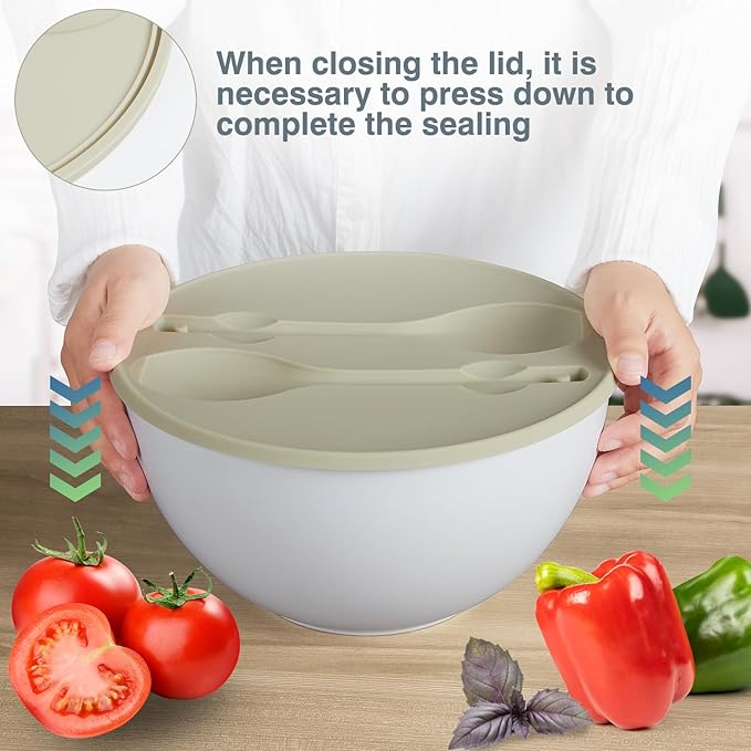 10" Large Salad Bowl with Sealed Lid & Serving Utensils,135Oz, White Big Bamboo Fiber Salad Serving Bowl with Servers for Mixing/Serving (Silicone Light Green Lid)