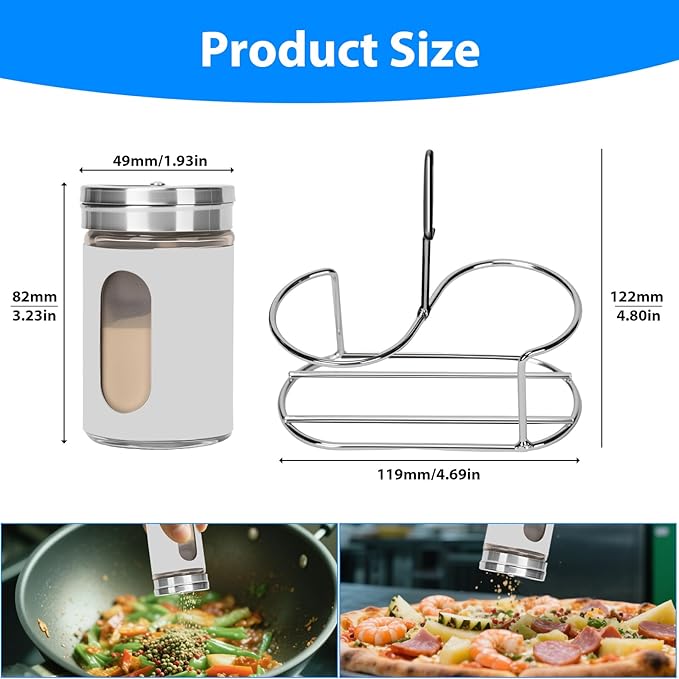 Glass Salt and Pepper Shaker Set with Seasoning Rack, Spice Rack, Adjustable Pour Hole Stainless Steel Lid, 2.8 oz, Spice Dispenser for Salt, Pepper, Spice Preservation (white)