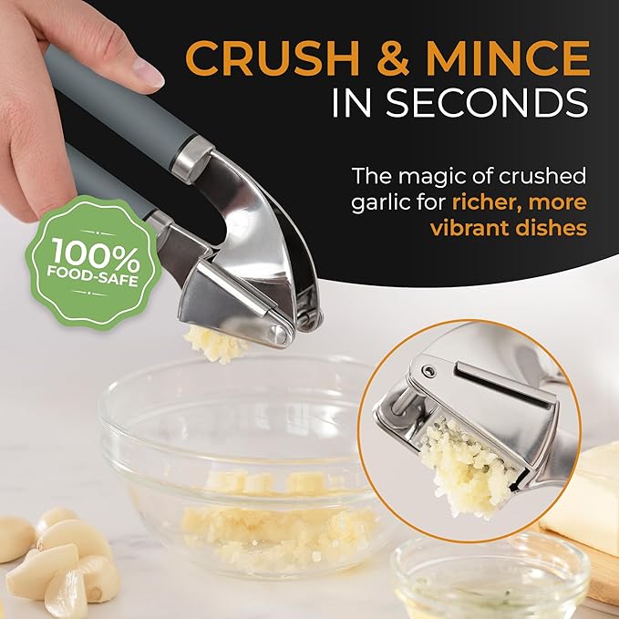 ORBLUE Garlic Press Stainless Steel - Premium Professional Grade Garlic Mincer, Crusher & Peeler Set - Easy Clean, Dishwasher Safe & Rust-proof, Gray