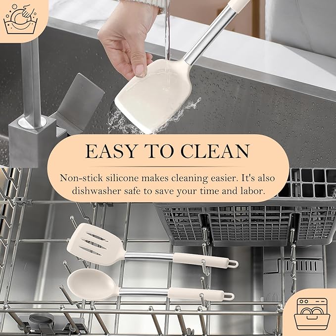 TeamFar Kitchen Utensils, 4 PCS Silicone Cooking Utensils Spatula Spoon Set with Stainless Steel Handle, for Frying Mixing Draining Turning, Healthy & Heat-proof, Non-stick & Dishwasher Safe - Khaki