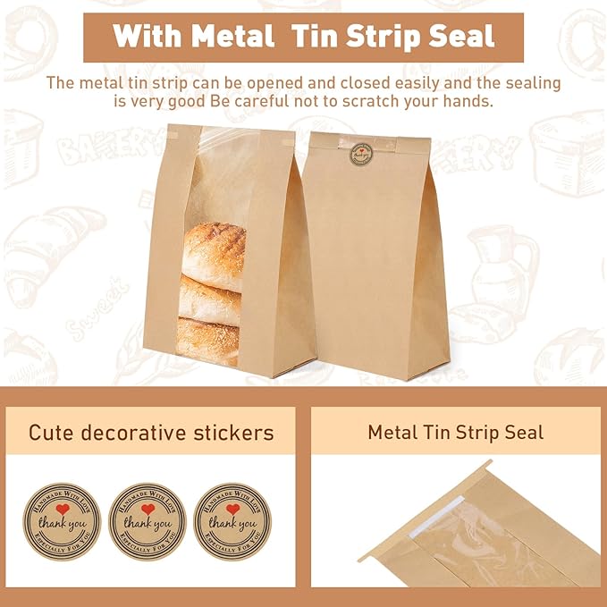 60-Pack Bread Bags for Homemade Bread Sourdough Bread Bags with Tin Tie Tab Lock, Kraft Paper Bakery Bag with Window and Label Seal Stickers for Packaging Baked Food Bread Storage (13.7''x8.2''x3.5'')