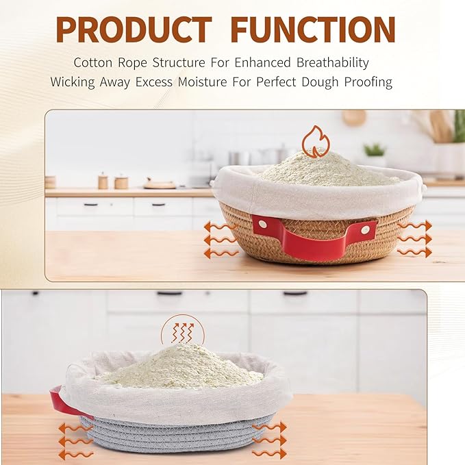 Cotton Rope Banneton Bread Proofing Basket Set, Oval & Round Bread Baskets with Liners & Covers for Artisan Bread Baking, Sourdough Bread Baking Supplies