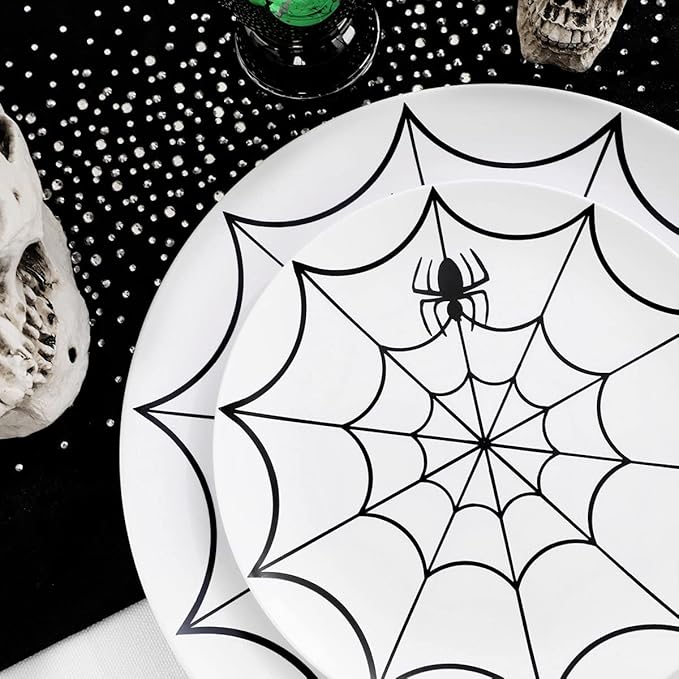 WDF 60Pieces Halloween Plates Disposable Plastic - White and Black with Cobwebs plates Dinnerware include 30PCS 10.25inch and 30PCS 7.5inch Plates for Halloween