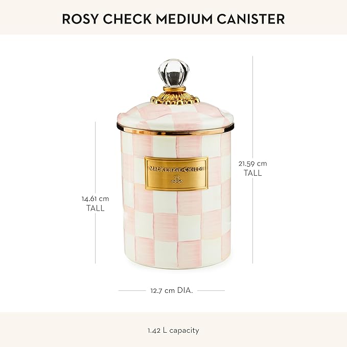 MACKENZIE-CHILDS Medium Enamel Canister, Kitchen Storage Container for Flour and Sugar, 1.42 Liters, Pink-and-White Rosy Check